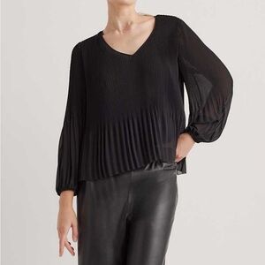 Quince Chiffon Pleated V-Neck Blouse Size L Black
